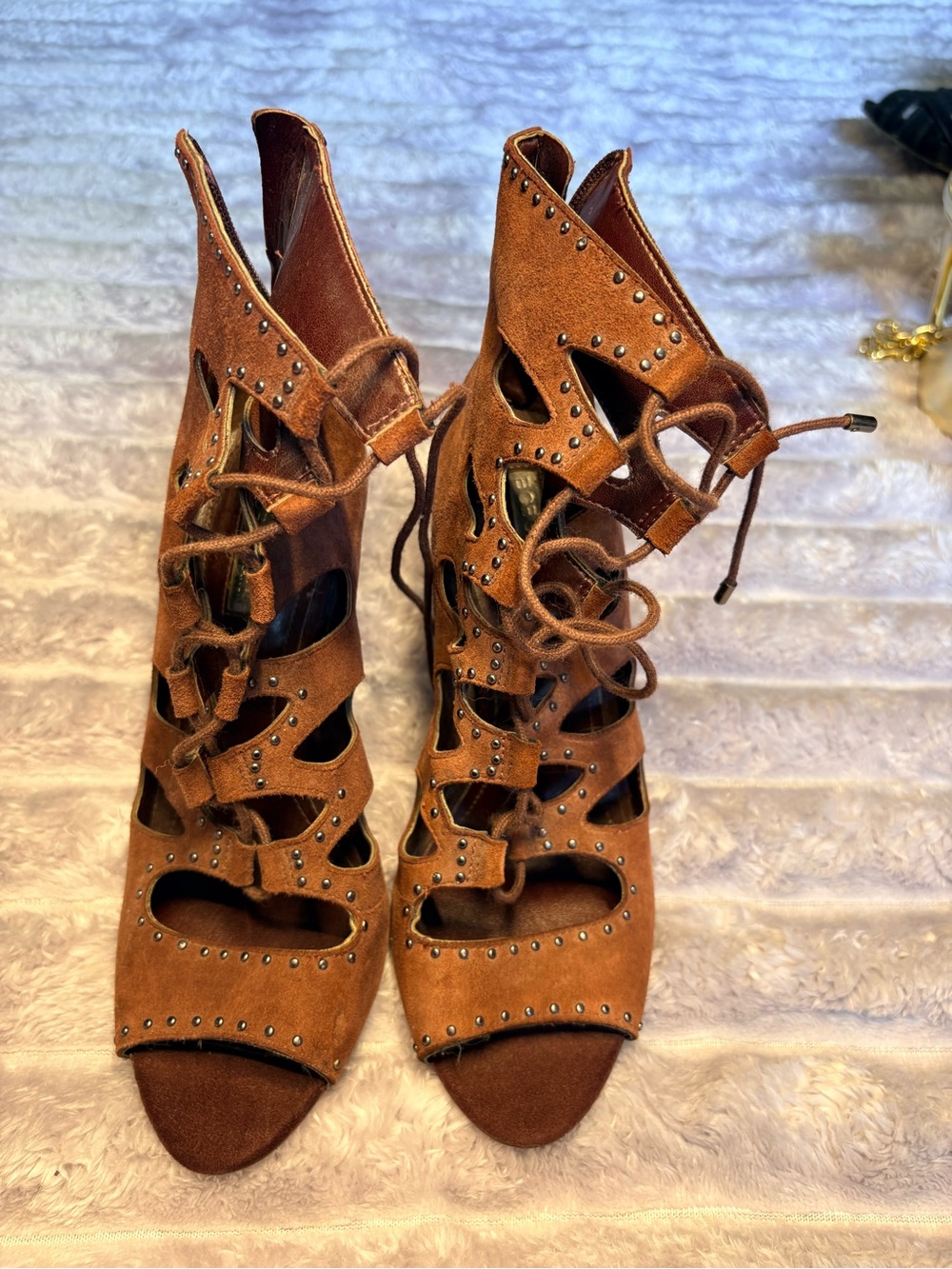 BCBGeneration Brown Suede Lace-Up Cutout Heels with Studs